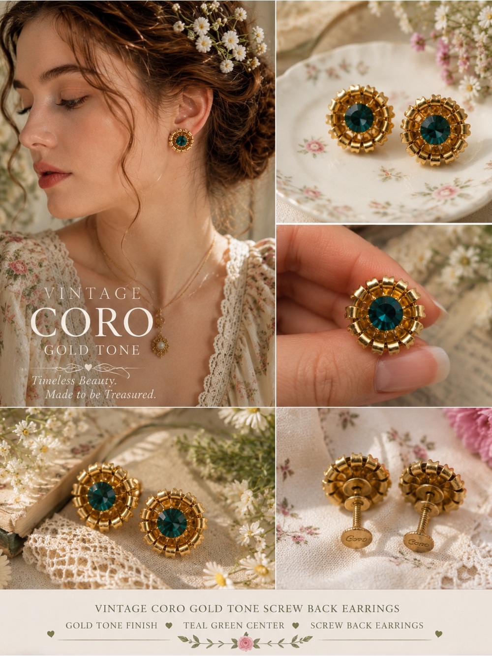 Vintage Coro Gold Tone Screw Back Earrings | Emerald Green Crystal Floral Design